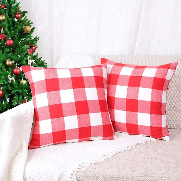Sett med 2 Jule-Buffalo Check Rutete Putesett Puter Trekk Polyester For Landlig Hjemmedekor Rød Og Hvit, 18 X 18 Tommer