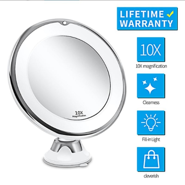 Makeup Spejl 10x Forstørrelse LED-belyst Makeup Spejl 360° Drejelig Med Integreret Sugeskål Barberingsspejl Vægspejl Forstørrelsesspejl