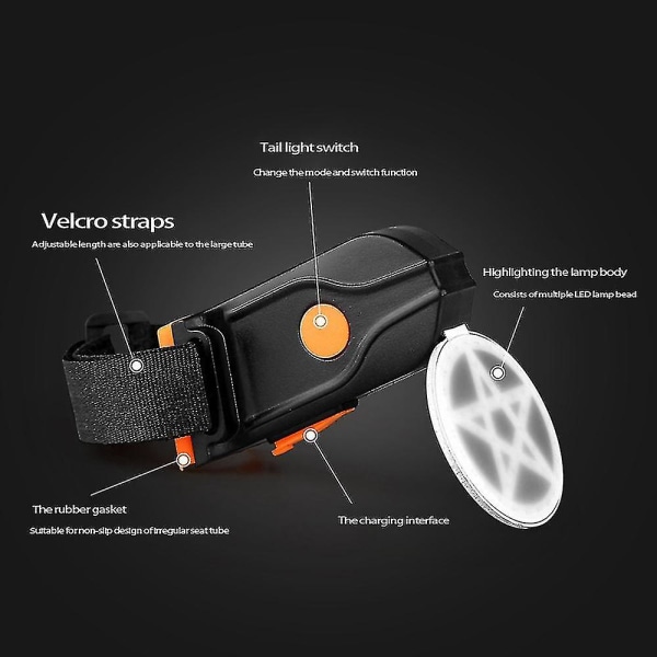 Sykkelbaklys med flere lysmoduser, USB-lading, LED-lys C