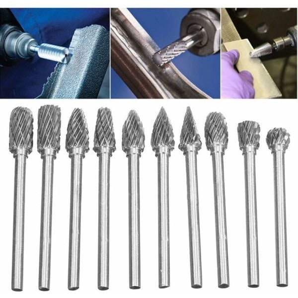 10 st Dubbelskurna Volframståls solida hårdmetallfräsar Set 3 mm Skaft Vridborrskaft för Dremel Roterande Verktyg - DKSFJKL