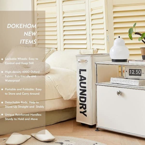 Laundry Basket - 1 Unit - 600D Oxford Fabric - Foldable and Rolling - Slim Storage - 63.5 cm Beige