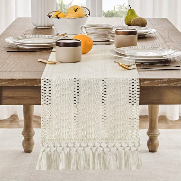Macrame Style Boho Table Runner, Ivory Table Runners 180 cm Long, Woven Home Decor