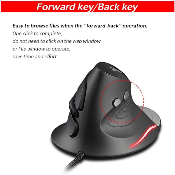 Ergonomisk Mus, 3200 DPI, 6 Knapper USB Kabelmus, Vertikal Mus, Optisk Mus, PC Mus med Kabel, Kabelmus til PC, Mac, Sort