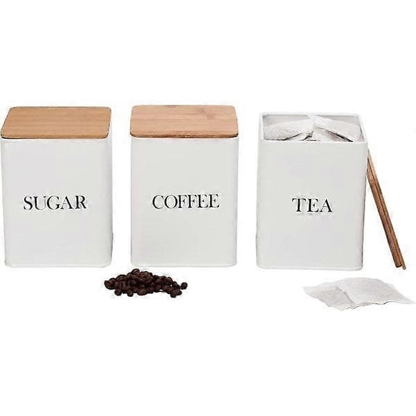 Sæt med 3 dåser til te, kaffe og sukker med lufttætte bambuslåg, hvid