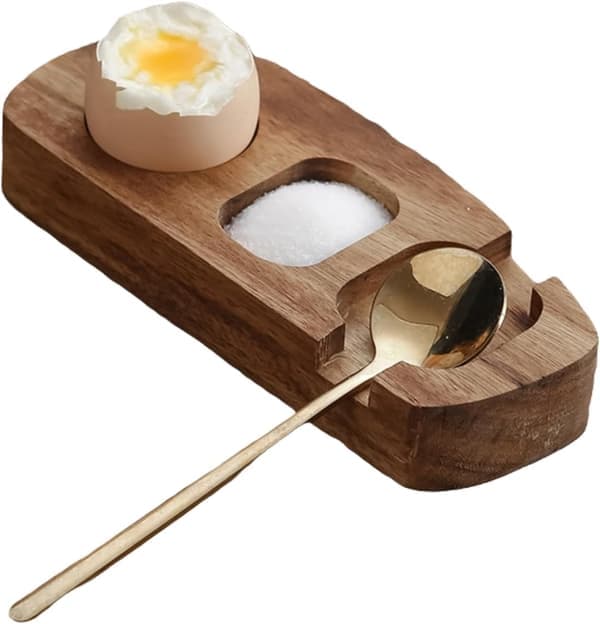 Egg Tray in Acacia Wood Egg Cup Holder Egg Shell Cup Egg Rack for Boiled Eggs Breakfast Serving (with spoon)(Ho)