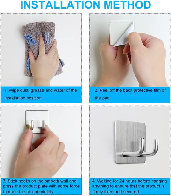 Self-adhesive wall hooks 4-pack silver towel hooks for bathroom shower keys hats strong adhesion waterproof mounting hooks