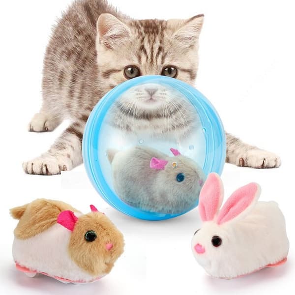 Interactive Cat Toy Ball, Automatic Rolling Pet Toy with Plush Hamster for Cats and Small Pets Small rabbit + blue ball Small rabbit + blue ball