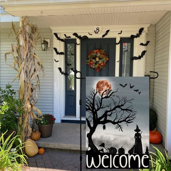 Velkommen Halloween hageflagg 12 x 18 tommer dobbeltsidig jute liten heks gresskarflagg Utenfor verandadekor Halloween Ya