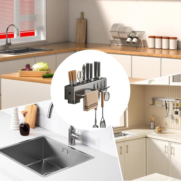 Drill-Free Wall-Mounted Kitchen Utensil Holder with Hooks, Hanging Spatula Spoon Cutlery Storage Rack Kitchen Accessory Organizer