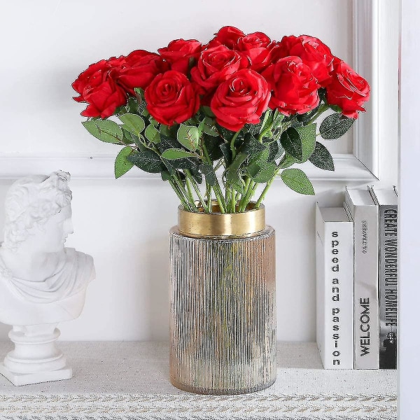 Sæt med 12 kunstige roser, deco-falske silkeblomster med enkelt stilk, realistisk blomstrød Red