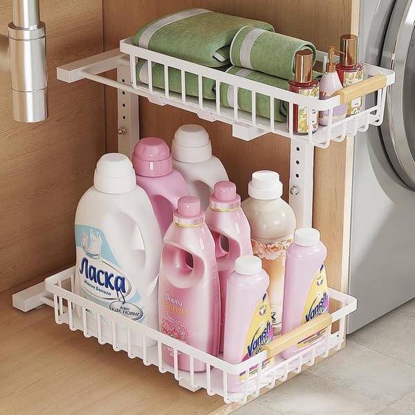 Under Sink Storage and Organization: 2-Tier Adjustable Height Under Sink Bathroom Organizers Multi-Purpose Bathroom Cabinet