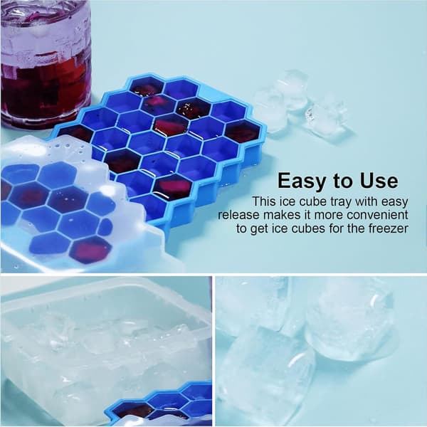 Silicone Ice Cube Tray with Lid 37 Compartments for Small Ice Cubes Easy Release Reusable Freezer Ice Maker Blue