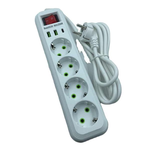 Power strip with 4 sockets and switch, flat plug, 2 m extension cable, USB socket, 230 V, black and white, 2-pack