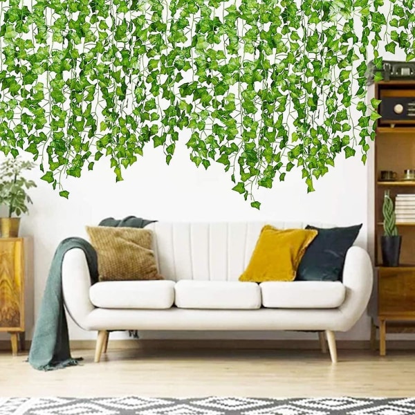 Konstgjord murgröna, [2 st] 2 m ljus kransark, konstgjorda växter med 20 led löv och gröna löv, vinstockar LED-ljus kompatibel med trädgård, innergård, H