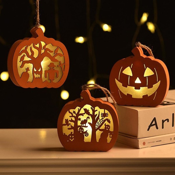 Puinen Kurpitsa Halloween LED-Valot Haukuttu Talot Kattoon Ripustettava Koriste Juhlat Kauhu Koristelinja Haamu