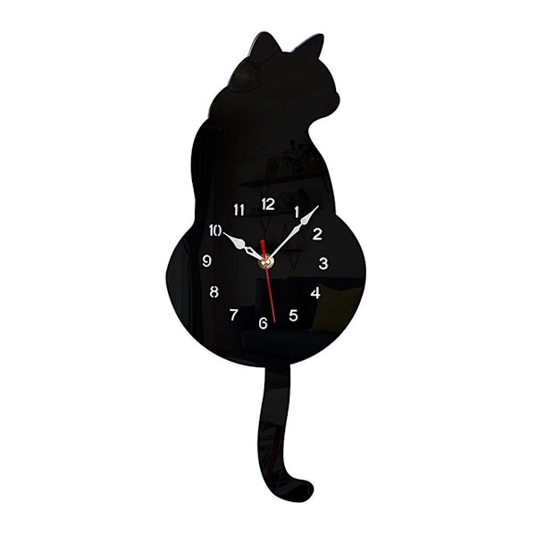 Svart kattpendel väggklocka, kattklocka med rörlig svans, kattgunga, fantasifull rolig väggklocka