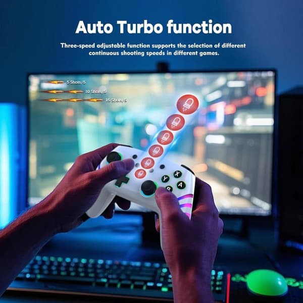 Trådløs Pro-controller til Switch/Switch 2/Lite/OLED/PC – Har 7-farvet RGB-belysning og dobbelt vibration, hvid