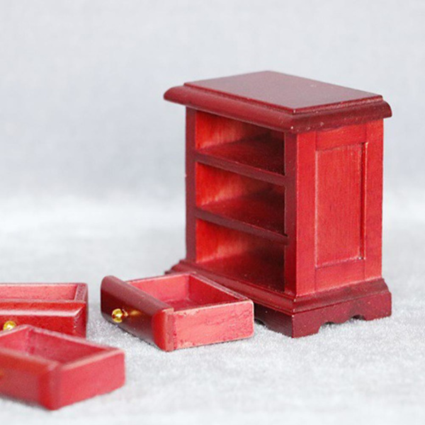 Miniature Sengeborde Skab Model Mini Hus Simulering Skab Mini Møbler Rød 5.4X3.2X5.6CM