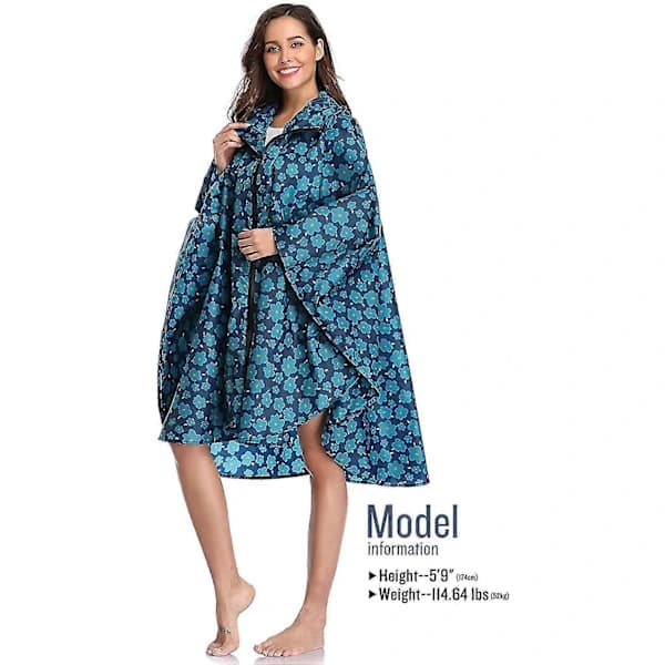 HA~Regnponcho Jakke Kappe med Hætte til Voksne med Piger, L (mørkeblå blomstret)
