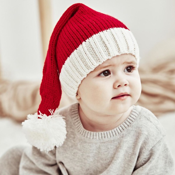 Punainen aikuinenPunainen casual joulu vanhemman ja lapsen hattu Pompom neulottu hattu Äiti Baby lämmin virkattu hattuPunainen aikuinen