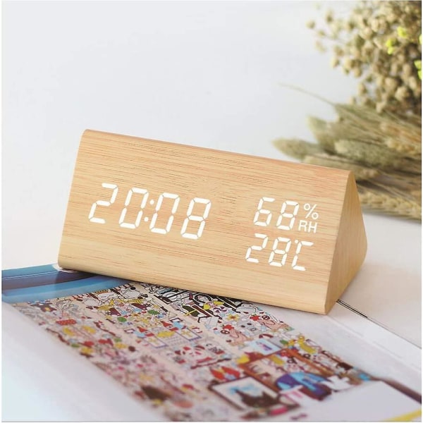 LED Trä-Elektronisk Väckarklocka, Digital Klocka Med 3 Alarminställningar, USB-Driven Digital Väckarklocka Tid, Temperatur Och Luftfuktighet Display, 12/24