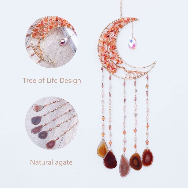 Agate Moon Dream Catchers with Crystal 7 Chakra Edelsten Drømmefangere Farge Natural Gem Agat Veggoppheng Rom (oransje)