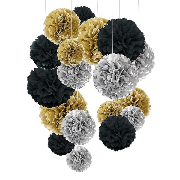 18-pack Pom Pom Blommor, Dekorationspappersats för Fest, Bröllop, Guld