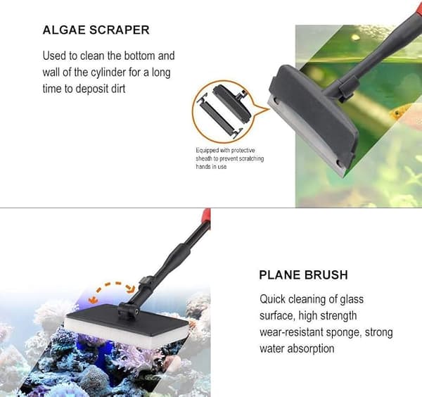 Aquarium Cleaning Tool 6 in 1 Algae Scraper Scrub Pad Adjustable Long Handle Fish Tank Brush Cleaning Set (Red)
