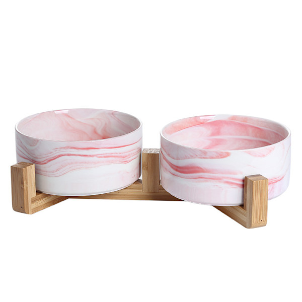 Keramisk rund husdjursmatare, 14OZ hund- och kattmatskål med trästativ, hållbar modern söt viktad mat- och vattenuppsättning, design med dubbla skålar