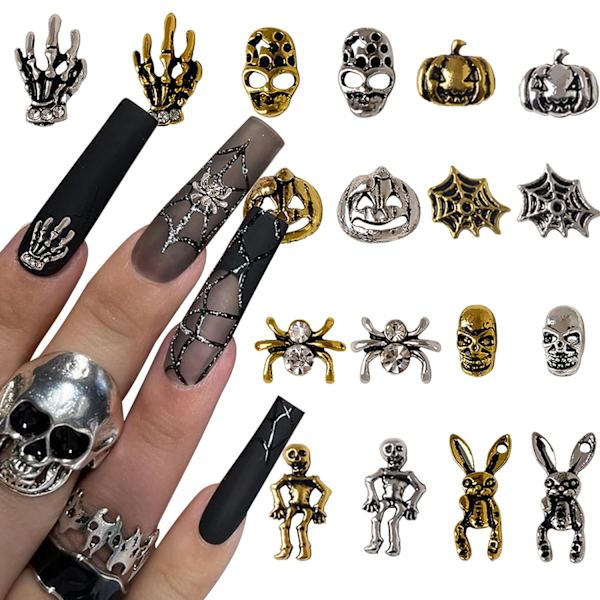 72 kpl Halloween-kynsikoristeita 3D Kulta Hopea Kynsikoristeet Vintage Gootti Retro Punk Kynsivarusteet Luuranko Hämähäkki Kurpitsa