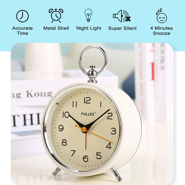 Analog Alarm Clock Round Non-Ticking Alarm Clock with Light Function (White)