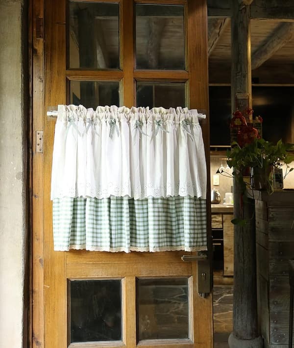 Short Kitchen Curtain for Small Windows, White Cotton Plaid with Blue Check Pattern and Bow, Cafe Curtain