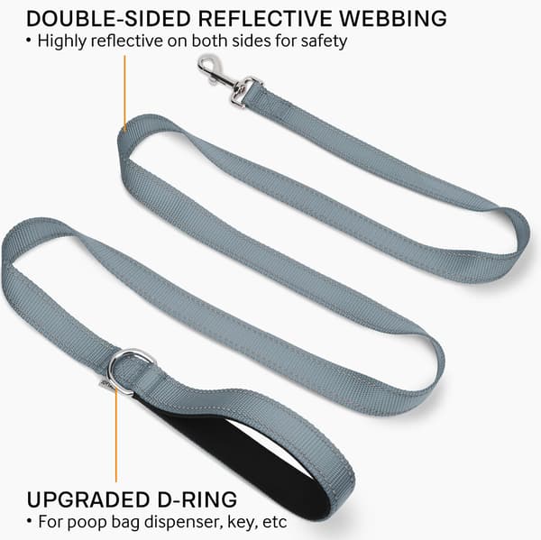 Reflective Nylon Dog Leash with Padded Handle Double-Sided Training Lead for Medium and Large Dogs 1.8m x 2.5cm Grey