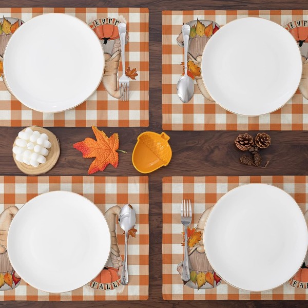 Efterårs Dugunderlag til Spisebord Tommer Orange Buffalo Plaid Dugunderlag Sæt af 4 Landlig Thanksgiving Efterårs Dekoration