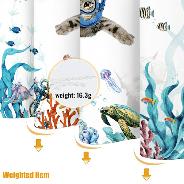Sjov Kat Bruseforhængssæt Teal Blå Hav Ocean Vandtæt Stof Bruseforhæng med Dyr Blæksprutte Skildpadde (Blå, 72''×72'')