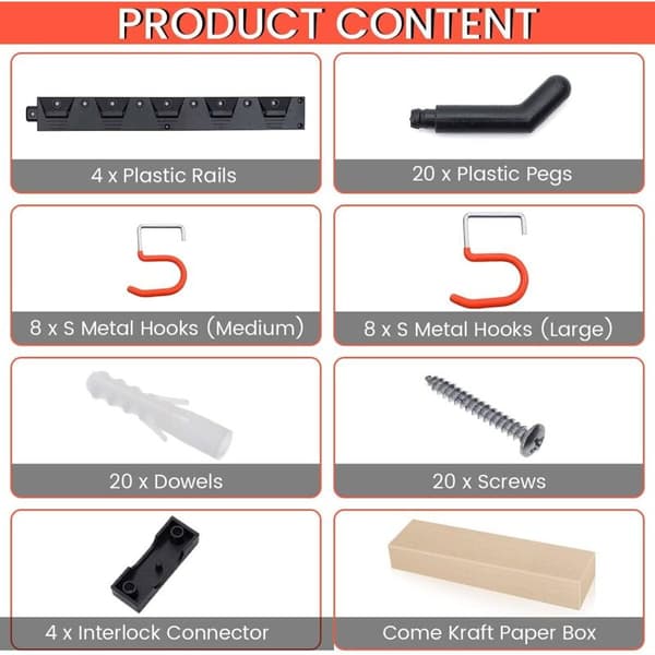 Attachable Storage Hooks, Garage Organizer, Practical Wall-Mounted Holders, Mop and Broom Rack, 20 Hooks, 4 pcs 41cm Rails