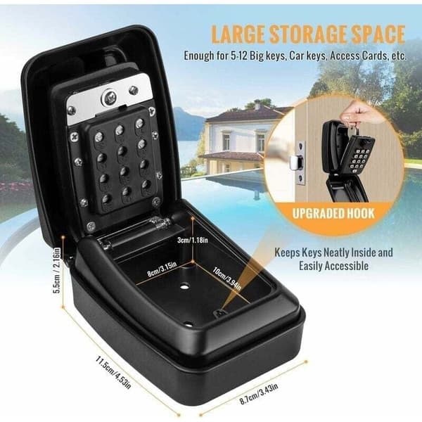Secure Outdoor Key Lock Box, Large Wall Mount Key Safe with 12-Digit Code, Waterproof and Rustproof, for Home, Garage, School
