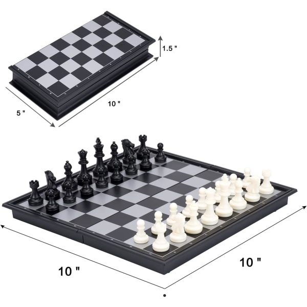 Magneettinen set taitettavalla shakkilaudalla - 2 ylimääräistä kuningatarta - Säilytyspussi nappulalle - Ohjeet aloittelijalle