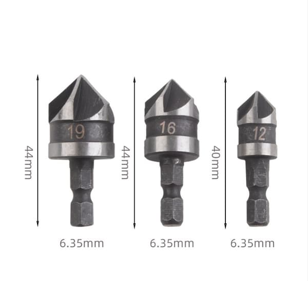 3 undersænkere 1 skærkant Ø 12 16 19 mm stål Ws sekskantsskaft 45