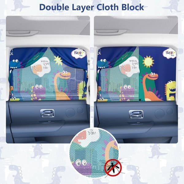 Car Window Sun Shade with Magnet, UV Protection Window Curtains for Kids with Cute Dinosaur Pattern