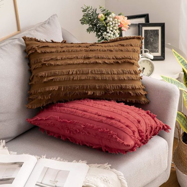2 stycken dekorativa Boho kuddfodral i linne med randig jacquardmönster Kuddfodral för soffa vardagsrum sovrum röd