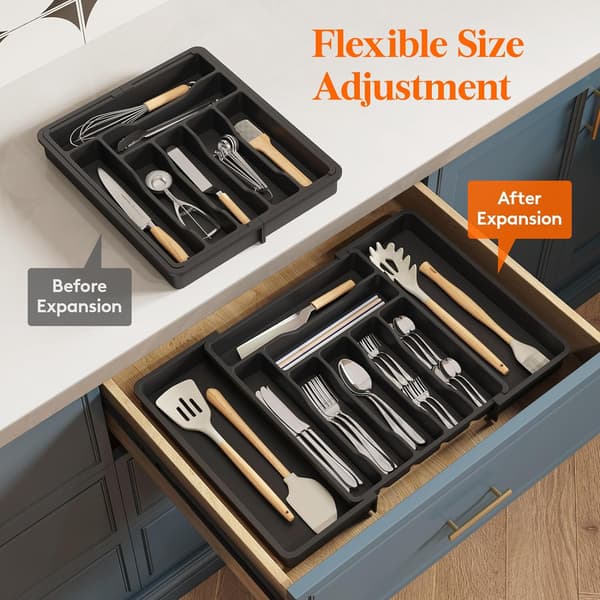 Cutlery Drawer Organizer, Extendable Cutlery Drawer Organizer for Kitchen Drawers, Adjustable Tray for Black