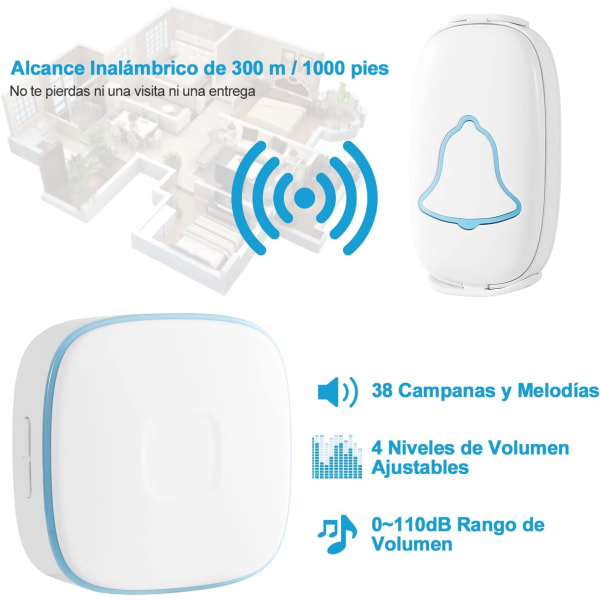 Trådløs ringeklokke, 38 valgfrie ringetoner, 0-110dB volum, 4 justerbare hastigheter, hullfri installasjon, IP44 vanntett