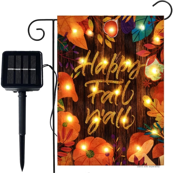 12x18 Kaksisivuinen Happy Fall -kurpitsamaustekukka-puutarhalippu valoilla - Solar LED -pellava - kurpitsapiha pieni lippu syksy