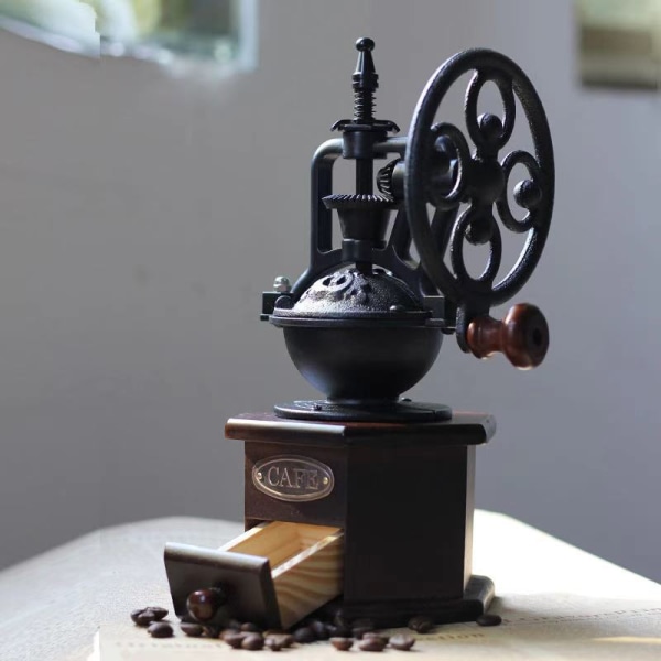 Träkaffebönkvarn manuell kaffekvarnrulle, antik kaffekvarn med gjutjärnsvev för att göra Mesh C