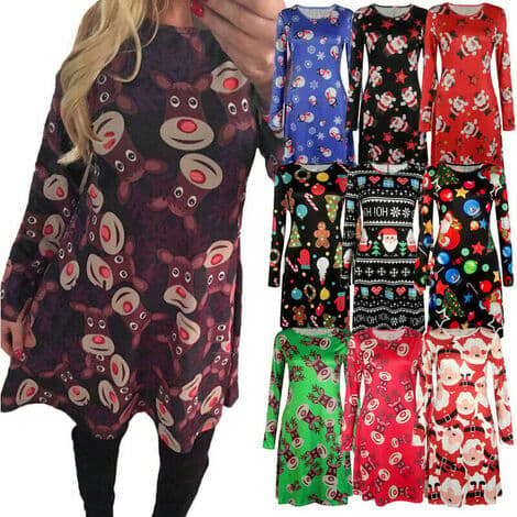 Julklänning för damer med tryck - Älg, Snöflinga, Långärmad, Casual, Höst/Vinter, A-linje, Fest