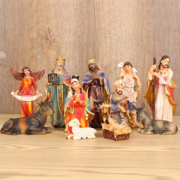11 delar jul julkrubba staty set Heliga familjen Jesus baby staty med ängel bordsskiva samling dekoration