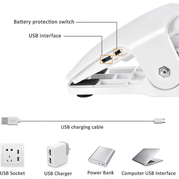 Ladeskrivebordlampe med trådløst LED-lys, 3 farger og 3 dimmebare innstillinger, berøringslampe med klemme for barn, 28 LED-lys, bærbar klipslampe for lesing