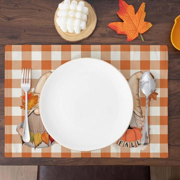 Efterårs Dugunderlag til Spisebord Orange Buffalo Plaid Dugunderlag Sæt af 4 Landlig Thanksgiving Efterårs Dekorationer til