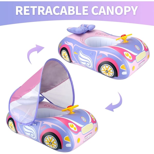 Småbørnsbassinflyder, oppustelig bil, babybadeflyder med justerbar solskærm og sikkerhedssæde, poollegetøj til småbørn